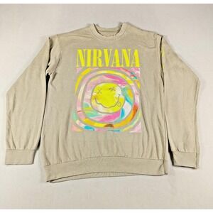 Nirvana Sweatshirt Mens Large Beige Crewneck Pullover Band Graphic Smiley Grunge